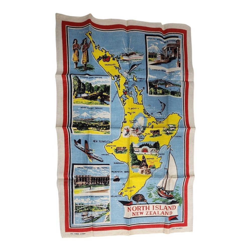 Pure Linen Fast Colours Kitchen Tea Towel New Zealand North Island Map 31x20